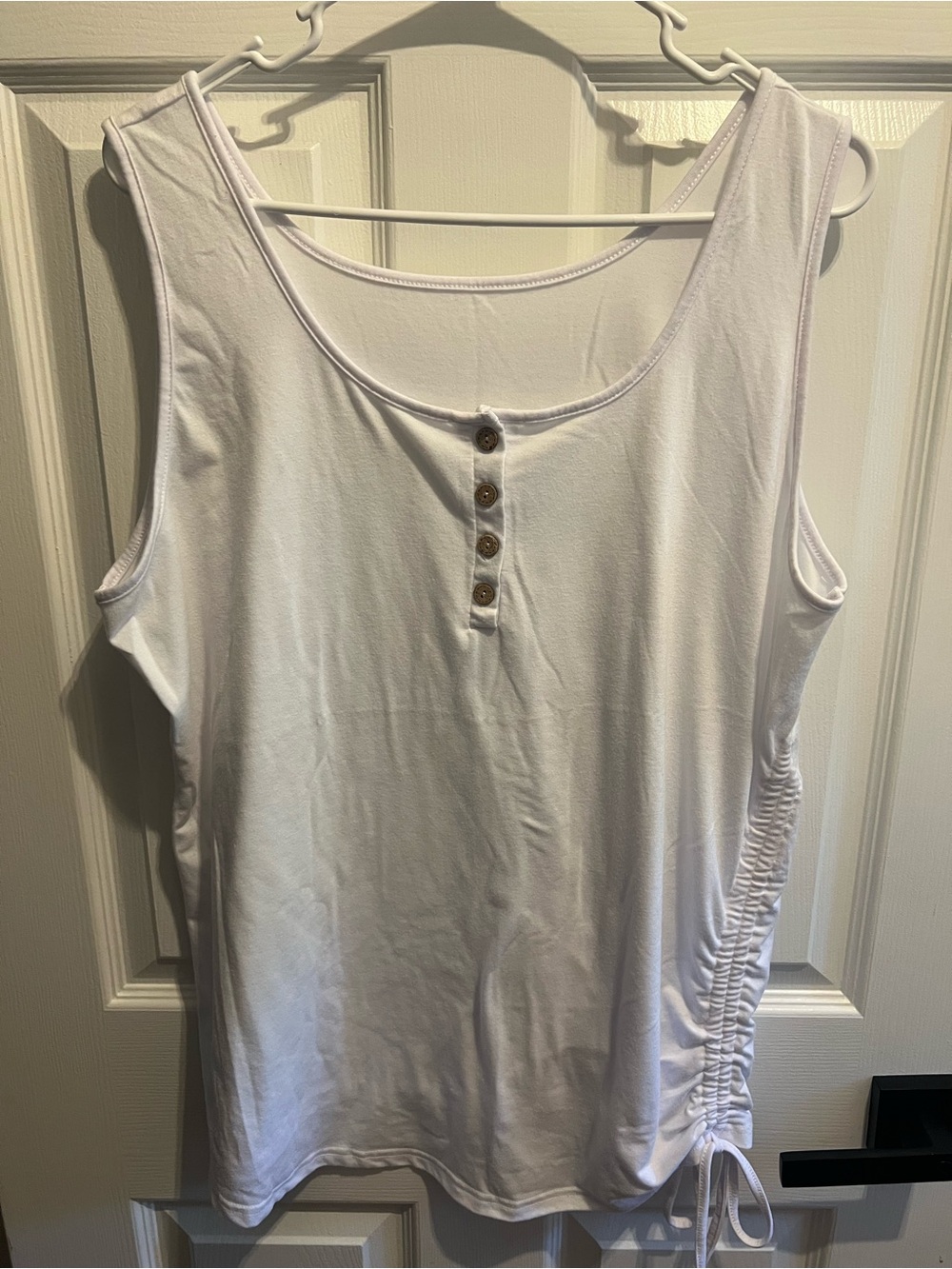 Women’s White Sleeveless Henley Tank with Side Ruching